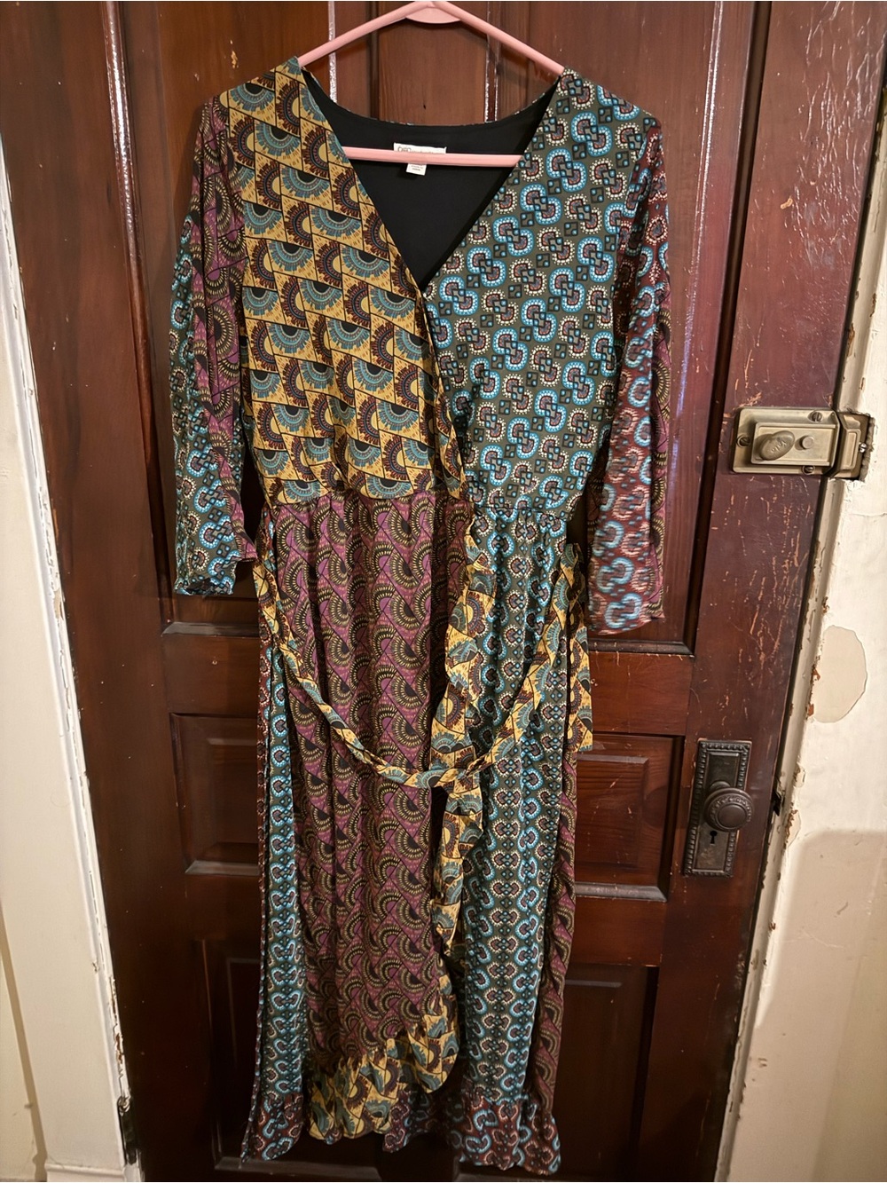 Cato Mixed-Print Wrap Dress in Teal, Mustard & Burgundy